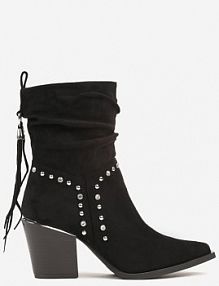 Czarne Botki Kowbojki na Stożku Ozdobione Cyrkoniami i Frędzlami w Stylu Boho Lerilani Renee damskie