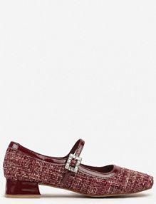 Bordowe Czółenka Tweedowe na Słupku w Stylu Mary Jane Ozdobione Lakierowanymi Wstawkami Valentta Renee