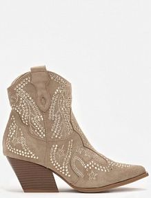 Ciemnobeżowe Kowbojki Botki z Cyrkoniami na Stożkowym Słupku Mevaela Renee damskie