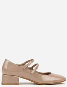 Ciemnobeżowe Lakierowane Czółenka na Niskim Słupku ze Sprzączkami Nevsha Renee