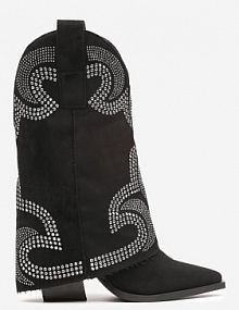 Czarne Botki Kowbojki na Słupku Wykończone Wywiniętą Nogawką z Cyrkoniami Evisya Renee damskie