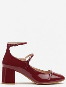 Bordowe Lakierowane Czółenka na Słupku Ozdobione Paskami ze Sprzączkami Dlivina Renee