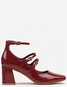 Bordowe Czółenka Lakierowane na Słupku Wykończone Paskami i Sprzączkami Kalivivia Renee