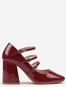 Bordowe Czółenka Lakierowane na Słupku Ozdobione Sprzączkami i Paskami Eliviera Renee