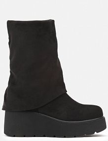 Czarne Botki na Koturnie z Ociepleniem Ozdobione Wywiniętą Cholewką Vamisia Renee