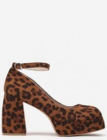 Brązowe Czółenka na Słupku z Wkładką ze Skóry Naturalnej Ozdobione Paskiem i Wzorem w Panterkę Miathene Renee