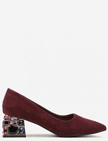 Bordowe Czółenka na Słupku Ozdobionym Cyrkoniami z Wkładką ze Skóry Clesina Renee