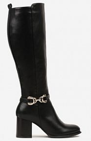 Czarne Kozaki na Słupkowym Obcasie Zdobione Metalową Aplikacją przy Cholewce Resiona vices