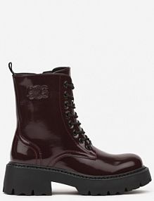 Bordowe Lakierowane Sznurowane Botki Vices na Platformie w Stylu Workerów Ozdobione Tłoczeniem Neavilora damskie