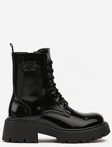 Czarne Lakierowane Sznurowane Botki Vices na Platformie w Stylu Workerów Ozdobione Tłoczeniem Neavilora damskie