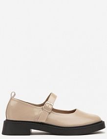 Beżowe Lakierowane Półbuty na Płaskiej Podeszwie Mary Jane Ozdobione Sprzączką Nealirwen Renee damskie