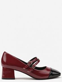Bordowe Lakierowane Czółenka na Obcasie z Kwadratowym Noskiem i Podwójnym Paskiem Rearielith Renee