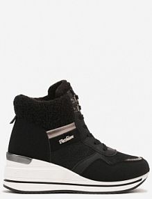 Czarne Botki na Koturnie w Streetwearowym Stylu Ozdobione Futerkiem Arabelline Renee