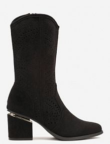 Czarne Botki Typu Kowbojki na Obcasie z Ażurową Cholewką Mevien Renee damskie