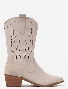 Jasnobeżowe Botki Vices na Słupku Kowbojki z Ażurową Cholewką Rivori damskie