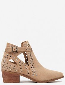 Ciemnobeżowe Botki Vices na Słupku w Stylu Kowbojek z Metalicznymi Aplikacjami i Wycięciami Virori