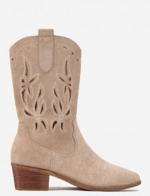 Beżowe Botki Vices na Słupku Kowbojki z Ażurową Cholewką Rivori damskie