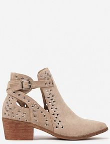 Beżowe Botki Vices na Słupku w Stylu Kowbojek z Metalicznymi Aplikacjami i Wycięciami Virori
