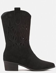 Czarne Botki Vices na Słupku Kowbojki z Ażurową Cholewką Rivori damskie