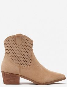 Ciemnobeżowe Botki Kowbojki Vices na Słupku z Ażurową Cholewką Elfedi damskie