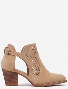 Ciemnobeżowe Ażurowe Botki Vices na Słupku w Stylu Kowbojek Ozdobione Wycięciem Isfedi