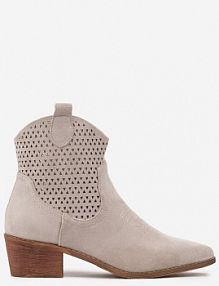 Jasnobeżowe Botki Kowbojki Vices na Słupku z Ażurową Cholewką Elfedi damskie