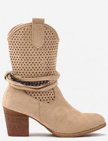 Ciemnobeżowe Botki Vices na Słupku w Stylu Kowbojek z Ażurową Cholewką i Paskami Tulifedi