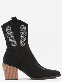 Czarne Botki w Stylu Kowbojek Vices na Stożku Ozdobione Haftem Xalfedi