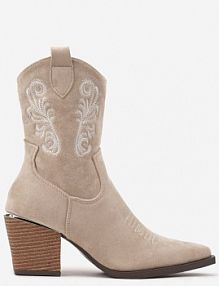 Ciemnobeżowe Botki w Stylu Kowbojek Vices na Stożku Ozdobione Haftem Xalfedi