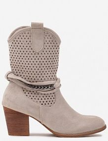 Jasnobeżowe Botki Vices na Słupku w Stylu Kowbojek z Ażurową Cholewką i Paskami Tulifedi