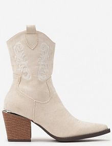 Beżowe Botki w Stylu Kowbojek Vices na Stożku Ozdobione Haftem Xalfedi