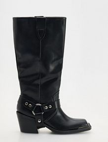 Skórzane kozaki na obcasie Reserved czarne damskie 698BD-99X