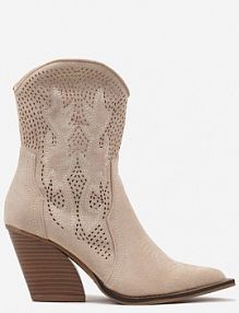 Beżowe Ażurowe Botki Kowbojki na Stożkowym Obcasie Leanorin Renee damskie