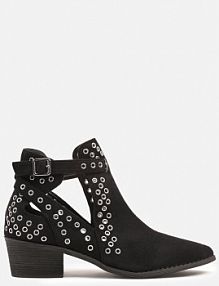 Czarne Botki Kowbojki na Słupku Ozdobione Nitami i Wycięciem Eleawena Renee damskie