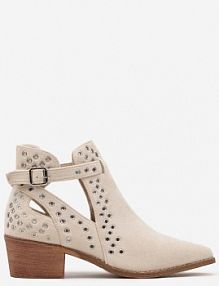 Beżowe Botki Kowbojki na Słupku Ozdobione Nitami i Wycięciem Eleawena Renee damskie