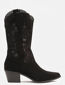 Czarne Botki Kowbojki na Słupku z Ażurową Cholewką Felmira Renee damskie