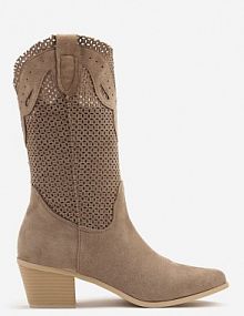 Ciemnobeżowe Botki Kowbojki na Słupku z Ażurową Cholewką Felmira Renee damskie