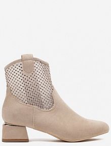 Beżowe Botki na Słupku Vices Ozdobione Siateczką na Cholewce Deovenna