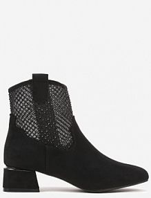 Czarne Botki na Słupku Vices Ozdobione Siateczką na Cholewce Deovenna