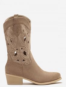 Ciemnobeżowe Botki na Obcasie Typu Kowbojki z Cholewką Zdobioną Ażurowymi Wycięciami Felithiel Renee damskie