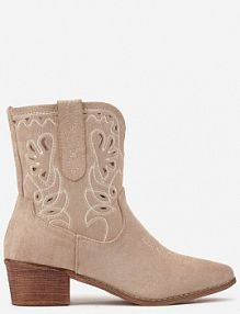 Ciemnobeżowe Botki Kowbojki Vices na Słupku Ozdobione Haftem Nelithen damskie