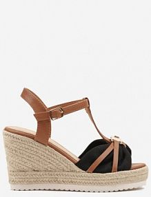 Czarne Sandały Vices na Plecionym Koturnie z Metaliczną Aplikacją Brilana