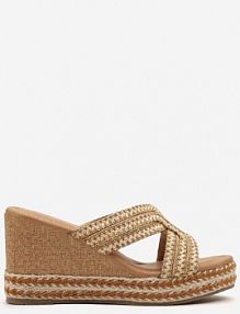 Ciemnobeżowe Klapki Vices na Koturnie Ozdobione Plecionką Eravionea damskie