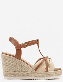 Beżowe Sandały Vices na Plecionym Koturnie z Metaliczną Aplikacją Brilana