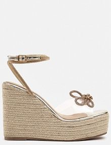 Złote Sandały Espadryle Vices na Koturnie z Transparentnym Paskiem i Cyrkoniami Neonellea