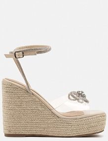 Beżowe Sandały Espadryle Vices na Koturnie z Transparentnym Paskiem i Cyrkoniami Neonellea