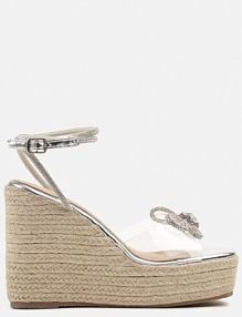 Srebrne Sandały Espadryle Vices na Koturnie z Transparentnym Paskiem i Cyrkoniami Neonellea