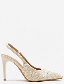 Złote Szpilki ze Szpiczastym Noskiem i Odkrytą Piętą Zdobione Koronką Sanariel Renee