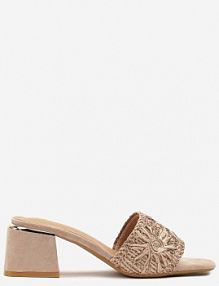 Ciemnobeżowe Klapki Vices na Słupkowym Obcasie Zdobione Metalicznym Haftem Jorivae damskie