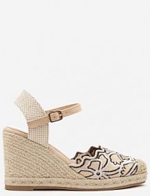Beżowe Haftowane Sandały Typu Espadryle Vices na Plecionym Koturnie Seselitia